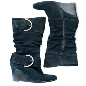 Y2K Black Suede Wedge Boots | Slouchy Knee High | Indie Sleaze Boho | Size 9